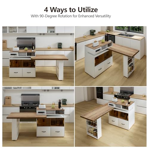 Kitchen Island Storage & Seating, Wheeled & Extendable Table for Kitchen | 360° Swivel Countertop,Built-in Power Outlet,Lockable Casters,Glass Door Storage,Farmhouse Two-tone Finish,White Oak,Drawers