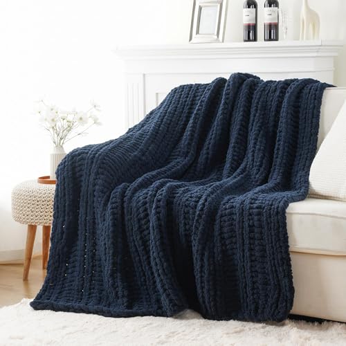 Battilo Chunky Knit Throw Blanket for Couch, 50"x60", Navy Blue | Hand Knit, Gift Blanket, Cozy Warm Thick Soft Chenille Throw Blanket for Bed, Sofa, Chair, Living Room - color: Navy