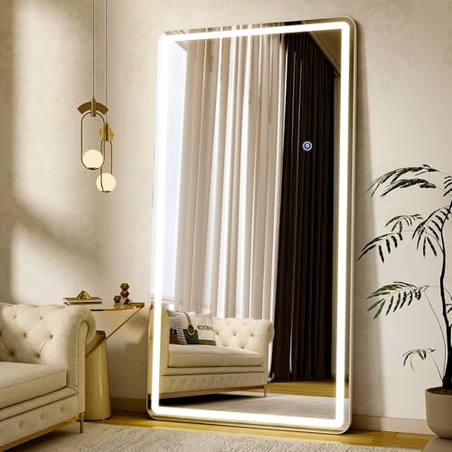 71"x32" LED Full Length Mirror, Standing Floor Body Mirror | Dimmable Lights 3 Color Modes – Adjustable Brightness, Wall-Mount or Leaning for Barber, Fitness Center, Dressing Room - size: 71"L x 32"W