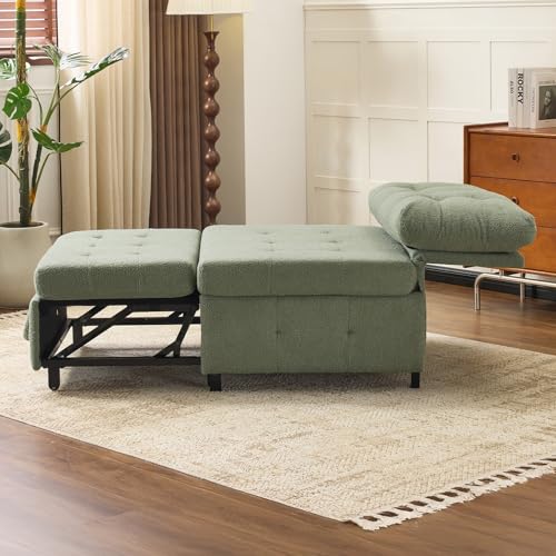 VINGLI Convertible Sofa Bed Tufted Teddy Fleece Sleeper Chair Bed Couch Armless Living Room Chairs with Adjustable Backrest Pull Out Couch Bed for Small Spaces - color: Light Green