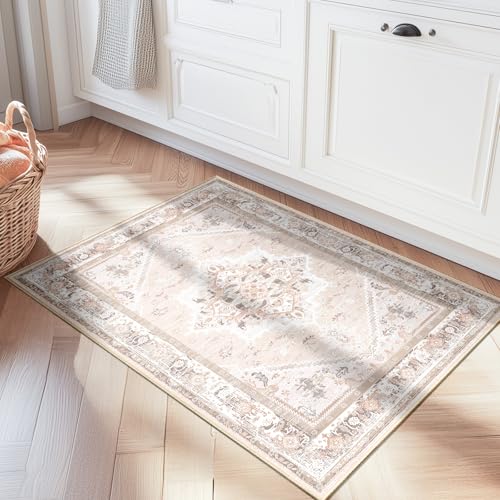 2x3 Area Rugs for Living Room Washable Non Slip Carpet Low Pile Soft Vintage Print Pattern Rug for Bedroom Dining Room Kitchen Entryway Indoor-Light Pink - color: Light Coral Pink/Orange/Brown, size: 2' x 3' (Rectangular)