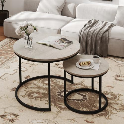 Otterease Nesting Tables Set of 2, Small Round Coffee Table for Living Room | Nesting Coffee Table with Adjustable Non-Slip Feet, Wood Grain Top Nesting Table for Living Room, Bedroom (Wood Grain Grey) - color: 23.6" Wood Grain Grey