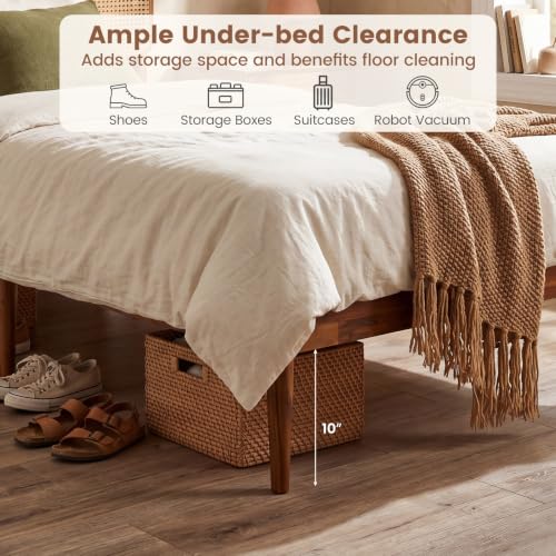 Giantex Wooden Bed Frame Twin Size, Rattan Headboard Platform Bed (Twin) | Wooden Slat Support, Acacia Wood Mattress Foundation No Box Spring Needed - size: Twin