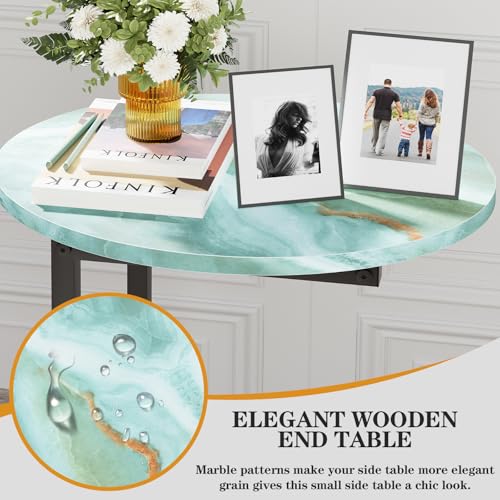 C Shaped End Side Table, Small Oval Couch Sofa Table for Bed, Snack Side Table with Metal Frame, TV Tray Table with White Marble for Small Space, Living Room, Bedroom, Bedside(Sea Blue) - color: Sea Blue+black