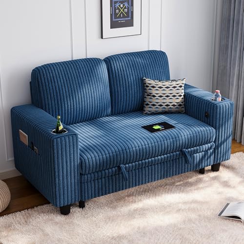 LINSY HOME Loveseat Sofa with Storage - Comfy Plush Corduroy 2 Seater Sofa with USB Charging & Cup Holders, Deep Seat Love Seat for Small Spaces Living Room Bedroom Apartment, Blue - color: Blue