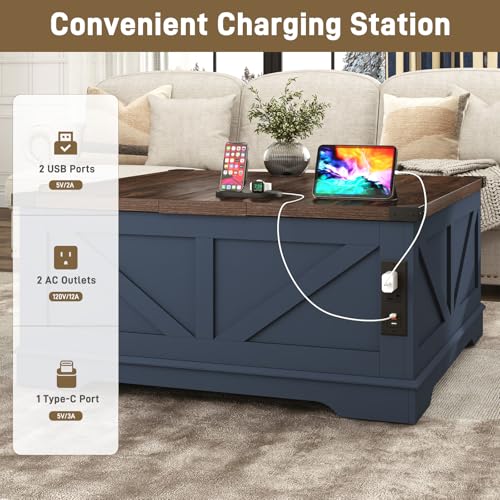 Hlivelood 40” Large Farmhouse Lift Top Coffee Table with Power Outlets and Large Hidden Storage, Square Wood Living Room Tables, Multi-Function Lift Wooden Barn Door Center Table, Blue - color: Blue