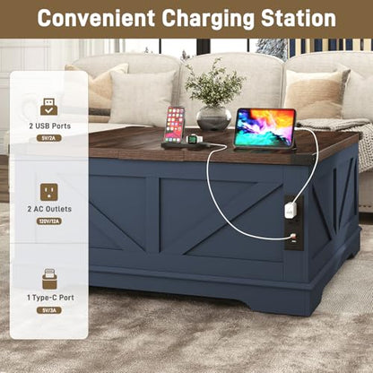 Hlivelood 40” Large Farmhouse Lift Top Coffee Table with Power Outlets and Large Hidden Storage, Square Wood Living Room Tables, Multi-Function Lift Wooden Barn Door Center Table, Blue - color: Blue