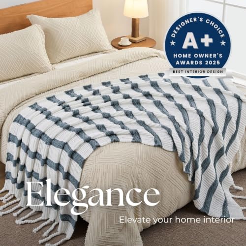 Boho Knitted Chenille Blanket with Tassels - Lightweight & Soft All-Season Throw - 3D Classic Pattern for Living Room Bedroom Couch, Celestial Blue(Striped), Throw 50"x60" - color: Celestial Blue(striped), size: Throw