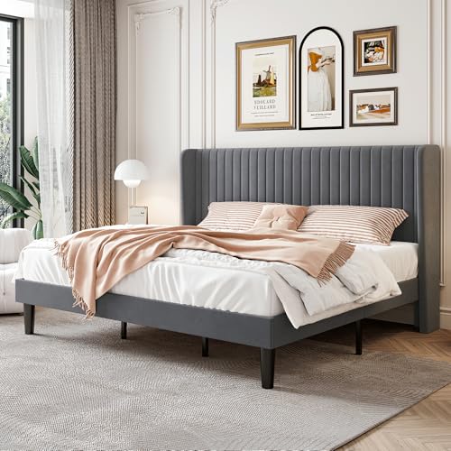 SHA CERLIN King Size Velvet Bed Frame, Tufted Wingback Headboard, Grey | 47'' Modern Vertical Channel Headboard, Upholstered Platform Bed, Wood Slats, No Box Spring Needed, Easy Assembly, Noise Free - color: Grey, size: King