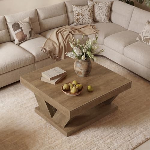 LITTLE TREE Coffee Table, Farmhouse Coffee Table with Large Storage Shelf, 2-Tier Rustic Wood Modern Center Table for Living Room, Home Office, Rustic Brown - color: Rustic Brown