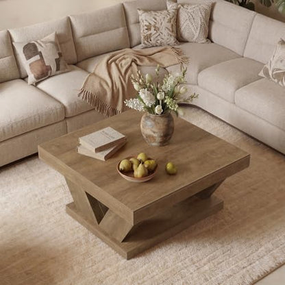 LITTLE TREE Coffee Table, Farmhouse Coffee Table with Large Storage Shelf, 2-Tier Rustic Wood Modern Center Table for Living Room, Home Office, Rustic Brown - color: Rustic Brown
