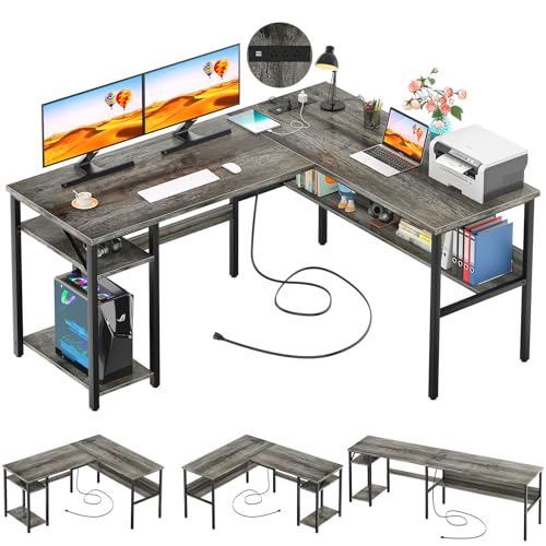 Unikito Reversible L Shaped Desk with Magic Power Outlets and USB Charging Ports, Sturdy Corner Computer Desk with Storage Shelves, Gaming Desk for Home Office, Easy to Assemble, Black Oak - color: Black Oak