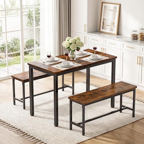 Dining Table Set for 4, Kitchen Table with 2 Benchs, Brown | Modern Functional 3 Piece Space-Saving Dining Room Table Set for Apartment, Breakfast Nook, Small Space - color: Brown