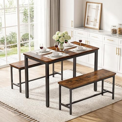 Dining Table Set for 4, Kitchen Table with 2 Benchs, Brown | Modern Functional 3 Piece Space-Saving Dining Room Table Set for Apartment, Breakfast Nook, Small Space - color: Brown