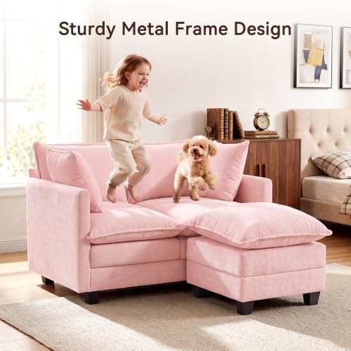 50" Love Seat with Ottoman, Small L Shape Cloud Sofa Couch, 2-Layer Cushion & 27" Deep Seat, 2 Pillows for Small Spaces, Bedroom, Apartment, Office, Living Room, Pink - color: Pink, size: Loveseat with Ottoman