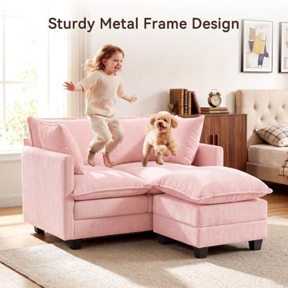50" Love Seat with Ottoman, Small L Shape Cloud Sofa Couch, 2-Layer Cushion & 27" Deep Seat, 2 Pillows for Small Spaces, Bedroom, Apartment, Office, Living Room, Pink - color: Pink, size: Loveseat with Ottoman