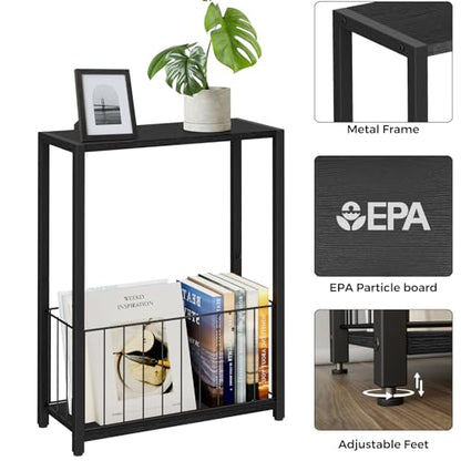 Homleke Narrow Side Table with Magazine Holder, Skinny End Table | Space-Saving Design, Small Spaces, Storage Shelf, Metal Frame, Easy Assembly, 7.1" D x 16.9" W x 23.6" H, Black - color: Black - Standard