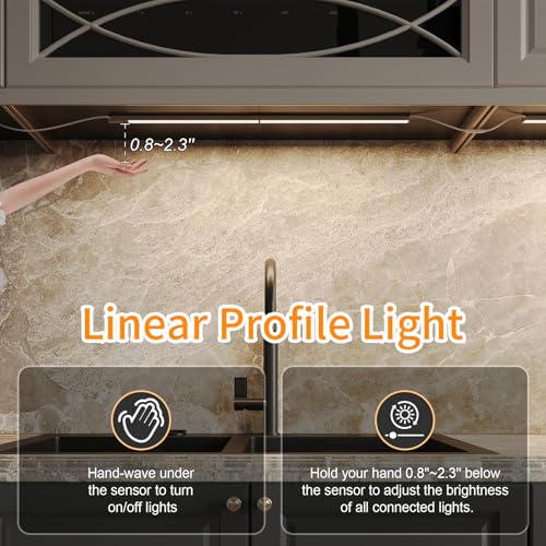 LUMILAND 6 Pcs 12-inch Led Under Cabinet Lighting Plug-in with Hand Wave, Dimmable 6000K Cold White Under Counter Lights Linkable with Memory Function for Kitchen