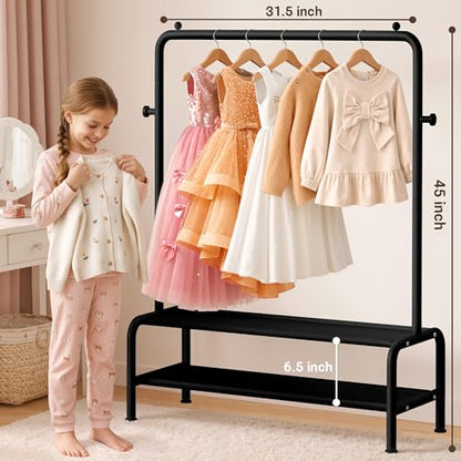 mirolam Kids Clothing Rack - Small Garment Rack - Small Kids Costume Wardrobe Rack with 2 Fabric Floors Storage Shelf - Mini Short Baby Toddler Clothes Rack - color: Black