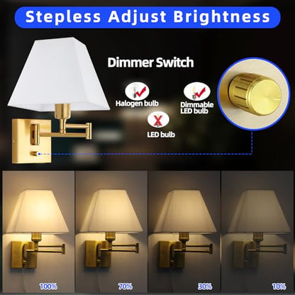 Wall Mounted Lamp Plug in Wall Sconce with Dimmable Switch Swing Arm Wall Lamp Whire Fabric Shade with USB Port Gold Wall Sconce Suitable for Hallway Bedroom Living Room… - color: Gold