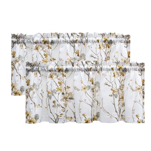 July Joy Printed Valance Linen Textured for Living Room Floral Leaf Design Farmhouse Sheer Curtains Style Window Panel Drapes Set Rod Porket Treatment for Bedroom, Dining, 52 x 18 inch, Taupe - color: Taupe