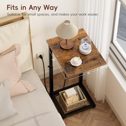 C Shaped End Table with Charging Station, 33"Tall Side Table for Couch, C-Table End Table Adjustable Height Side Table,Slide Under Couch Table TV Tray Table for Sofa,Living Room,Bedroom,Brown - color: Rustic Brown, style: Charging Station