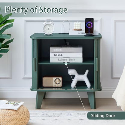 24" Large Fluted End Table with Charging Station, Farmhouse Sofa Side Table with Sliding Tambour Door & Storage, Curved Rustic Wood Nightstand for Living Room, Bedroom, Green - color: Green