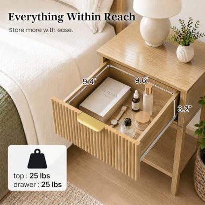 Natural Oak 15.4" Wide Small Nightstand with Drawer,Open Shelf,Fluted | Light oak tone, ribbed fluted front, 11.8-inch slim depth, concealed storage, airy fit for bedside, sofa side, or chair side - color: Natural Oak