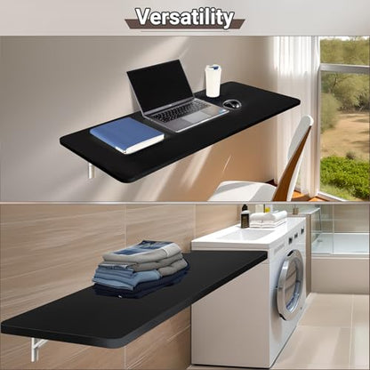 Neoaider Wall Mounted Folding Table 47.2”L x 19.7”W, Black | Laundry Folding Table with Heavy Duty Metal Collapsible Shelf Brackets, Wall Mounted Desk Fold Down for Small Spaces - color: Black, size: 47.2" x 19.7"