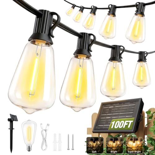 100FT Solar String Lights Outdoor Waterproof with Remote & Timer, LED Shatterproof ST38 Bulbs, USB & Solar Powered Patio Lights for Backyard, Porch, Garden, Wedding Decor, Dusk to Dawn Lighting - size: 100FT