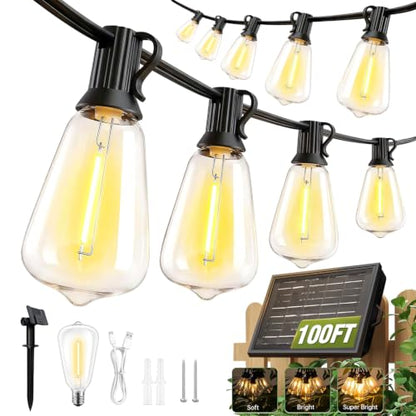100FT Solar String Lights Outdoor Waterproof with Remote & Timer, LED Shatterproof ST38 Bulbs, USB & Solar Powered Patio Lights for Backyard, Porch, Garden, Wedding Decor, Dusk to Dawn Lighting - size: 100FT