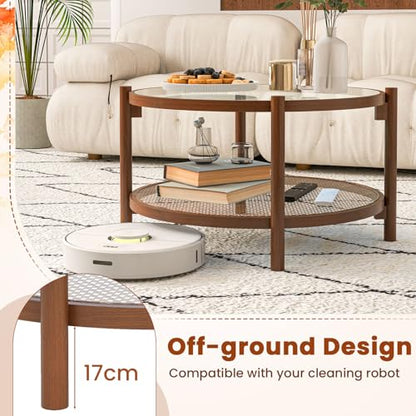 GIANTEX Rattan Coffee Table, Boho Round Glass Tea Table with PE Rattan Storage Shelf & Wood Frame, 2 Tier Accent Center Table for Living Room, Apartment, Small Space - color: Brown