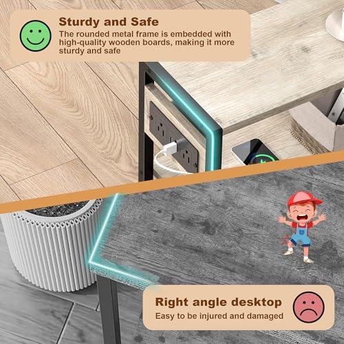 Small Narrow Side Table with Charging Station, Skinny End Table for Small Spaces, Slim Nightstand with Outlets, Sofa Bedside Table in Living Room, Bedroom, Kitchen and Balcony (Greige) - color: Greige