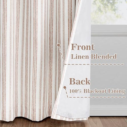 MYSKY HOME Taupe Striped Curtains 100% Blackout 84 Inches Long Farmhouse Rustic Curtains for Bedroom Living Room Tan Stripe Patterned Linen Blend Double Layer Drapes, Grommet, 2 Panels, 52" Wide - color: B-taupe/Blackout, size: 52"W x 84"L (Pack of 2)