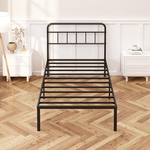 Kujielan 12 inches Twin Bed Frame with Minimalist headboard, Black | Metal Platform Base with Strong Metal Slats,Mattress Foundation for Under Bed Storage,Easy Assembly - size: Twin