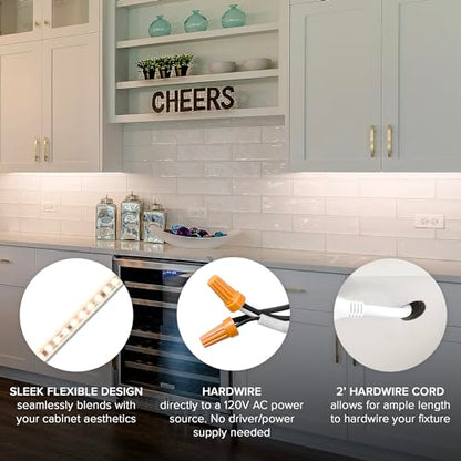 Maxxima 24 in. Hardwired LED Under Cabinet Strip Light, 920 Lumens, 3000K | Warm White, Kitchen and Living Room 120V White Cove Lighting, No Power Supply Needed - size: 24 Inch