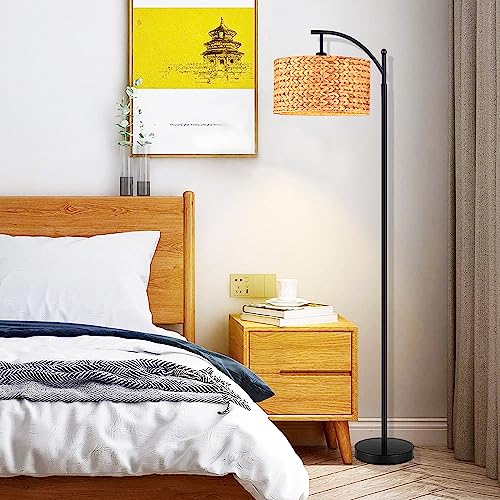 QIYIZM Floor Lamp for Living Room Bedroom Farmhouse Arc Rattan Boho Standing Lamp with Remote Dimmable Black Wicker Bamboo Lamp Shade Floor Light Adjustable Tall Lamp Industrial Floor Lamps Bohemian - size: 1-Floor Lamp
