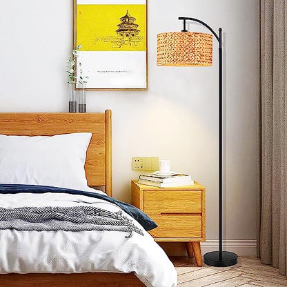 QIYIZM Floor Lamp for Living Room Bedroom Farmhouse Arc Rattan Boho Standing Lamp with Remote Dimmable Black Wicker Bamboo Lamp Shade Floor Light Adjustable Tall Lamp Industrial Floor Lamps Bohemian - size: 1-Floor Lamp
