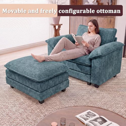 JUMMICO 40" Chaise Lounge Chair with Ottoman, Single Sofa Chair, Dark Blue | Comfy Chenille, Double Layer Cushion, Wide Armrest, Deep Seat, High-Density Foam, Reading Chair for Living Room - color: Dark Blue, size: Single Sofa Chair