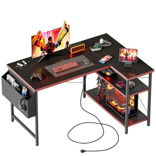 39 inch Corner Desk with Shelves, Small L Shaped Gaming Desk | Reversible Computer Desk with Power Outlets & Storage Bag, Office Table for Home Bedroom Study Work Writing - color: Carbon Fiber, size: 39.4 inch
