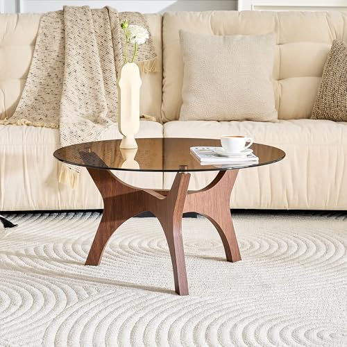 31.5" Round Glass Coffee Table, Walnut Modern Coffee Table with Brown-Tinted Tempered Glass Top, 3-Leg Geometric Base Accent Table for Living Room, Small Space - color: Walnut, size: 31.5" 3-Leg Geometric Base