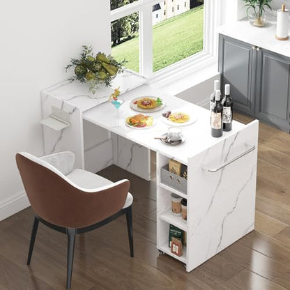 smilesun Folding Dining Table, Wall Mount Foldable Kitchen Table w/Fabric Drawer & Adjustable Storage Shelf, Space Saving Compact Expandable Pull Out Table for Small Spaces, White - color: White