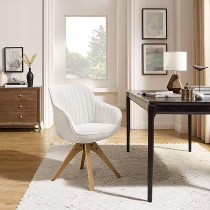 Swivel Desk Chair for Home Office, Fabric, Off White | No Wheels, Oka Wood Legs, Mid Century Modern, Upholstered, 360° Swivel, Accent Chair, Living Room, Bedroom - color: Off White, size: Fabric