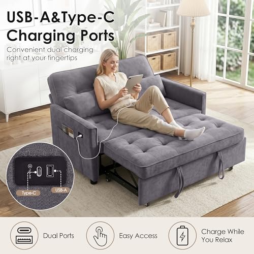Dreamzie 55'' 3 in 1 Convertible Sofa Bed with USB Charging Ports, Pull Out Couch with Adjustable Backrest and Side Pockets, Sleeper Sofa for Living Room, Apartment, RV, Easy Assembly - Grey - color: Grey