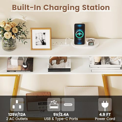 GIANTEX Modern Console Table with Charging Station & LED Lights | 40" Entryway Table with Storage Shelves, 3-Tier Display Shelf for Small Space, Sofa Table for Living Room, White & Gold - color: White + Gold