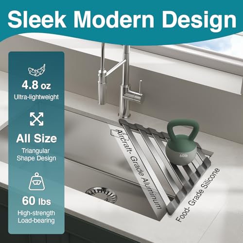 COOL-ANGLE Triangular Corner Sink Drying Rack, Aluminum, 16"x9.5", Gray | Heat Resistant Trivet, Supports Up To 60 Lbs, Rust-Proof Aircraft Aluminum, Ideal For Square Sinks With 0.8 Inch Ledge - size: Triangle 16'' x 9.5''