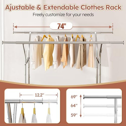Raybee Heavy Duty Clothes Rack 630 LBS Capacity Double Rods Shelves Storage | 360°Lockable Wheels, Snap-on Design, Tool-free Assembly, Extendable Rods, Adjustable Height, Bedroom Wardrobe Closet Organize - color: Chrome