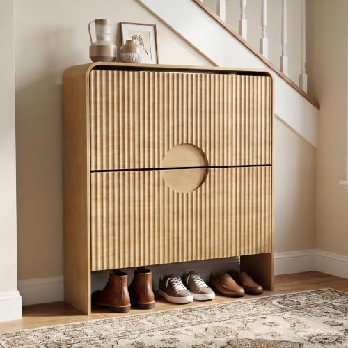 Narrow Shoe Cabinet for Entryway, Thin Entry Way Shoe Storage Cabinet with 2 Flip Drawers, No Shelf, Slim Hidden Shoe Rack Organizer for Entrance, Foyer, Wood Small - color: Wood Small