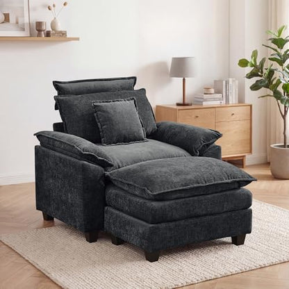 46'' Oversized Chaise Lounge with Ottoman, Cloud Oversized Accent Sofa Chair with Detachable Headrest, Double Thicked Cushion Lounge Armchair for Living Room, Bedroom, Dark Grey - color: Dark Grey, size: Chaise Lounge Chair