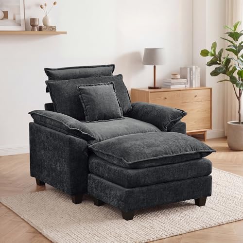 46'' Oversized Chaise Lounge with Ottoman, Cloud Oversized Accent Sofa Chair with Detachable Headrest, Double Thicked Cushion Lounge Armchair for Living Room, Bedroom, Dark Grey - color: Dark Grey, size: Chaise Lounge Chair